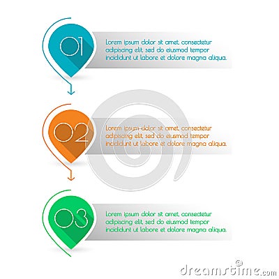 3 steps, levels or option with arrows. Map markers with numbers. Colorful number bullet points set. Menu interface for web design. Vector Illustration